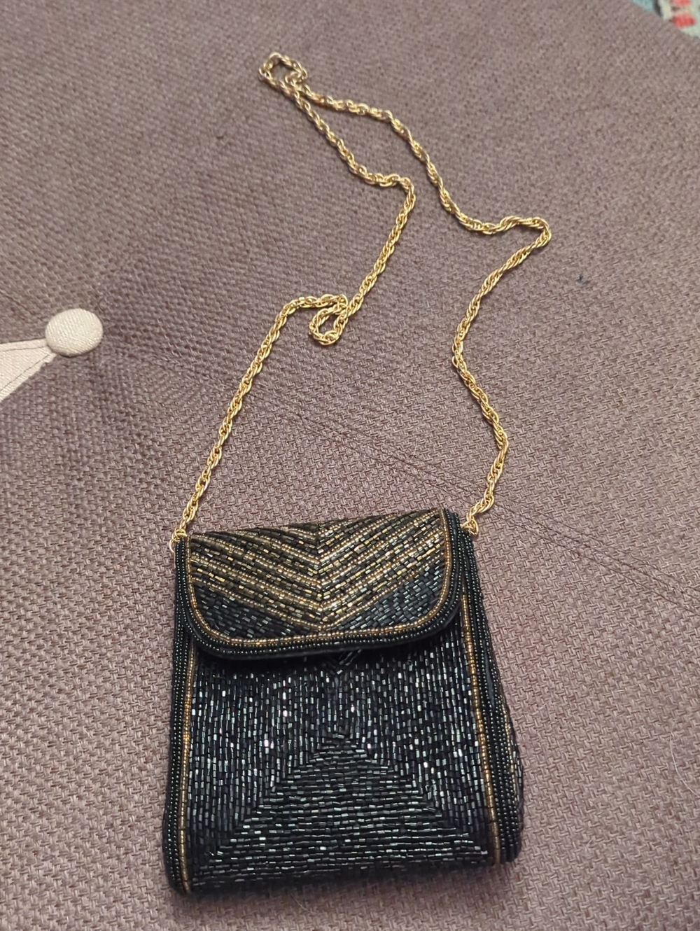 Vintage Black Beaded Evening Bag with Gold Chain